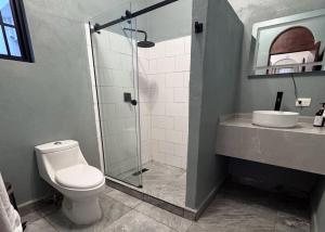 een badkamer met een douche, een toilet en een wastafel bij Privada Guadalupe in Monterrey +42 foto's