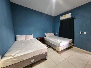 two beds in a room with blue walls at Casa Mila in León
