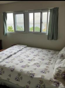 a bed in a bedroom with two windows at Uniek Villa in Gros Islet +14 photos