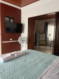 a bedroom with a bed with a fan and a television at Wiky House Guaduas in Guaduas