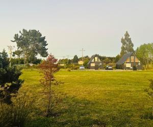 a field of green grass with houses in the background at Cabañas RyL Aeropuerto 1 in Puerto Montt