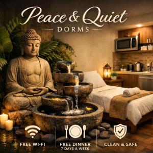 een poster van een kamer met een Boeddhabeeld en een fontein bij Peace and Quiet Dorm Rooms - in Miami