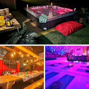 two pictures of a room with a bed and a table at Domaine pour 21 pers avec SPA et GRANGE Festive in Saint-Justin