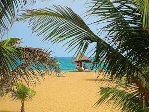 una playa con gente sentada bajo una sombrilla de paja en Hotel Village Vacances Awale Plage, en Grand-Popo