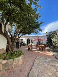 een patio met een boom en tafels en stoelen bij Capec Alojamiento in Tilcara