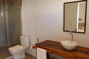 een badkamer met een wastafel, een toilet en een spiegel bij Casa Aia in Aracaju +6 foto's