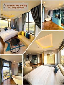 a collage of four pictures of a bedroom at Gold Villa in Trai Mat