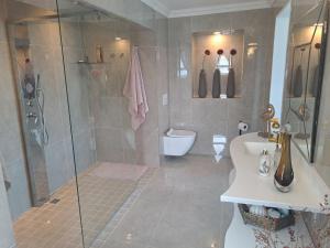 a bathroom with a shower and a toilet and a sink at Boutique Inn - Serenity in Gordonʼs Bay