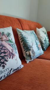 two pillows sitting on a couch with a christmas pillow at Appartamento Verdenatura in Branzi