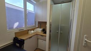 een kleine keuken met een wastafel en een raam bij Mini nocleg przy dworcu in Tomaszów Mazowiecki