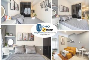 a collage of three pictures of a small bedroom at SAIGON HOMEY - SOHO RESIDENCE - Official Comfort in the Heart of District 1 in Ho Chi Minh City