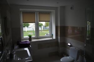 een badkamer met een raam, een wastafel en een toilet bij Jaukus butas Klaipėdos centre in Klaipėda