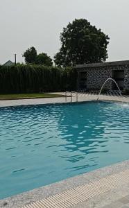 a swimming pool with blue water in a yard at Glory Farm in Vadāli