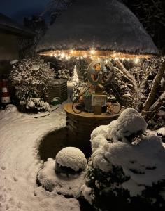 een tuin bedekt met sneeuw 's nachts met verlichting bij Ferienwohnung Gartenblick in Nordenham