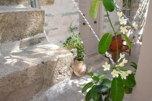a porch with a swing and flowers and a door at En Patmo Holiday Home in Patmos
