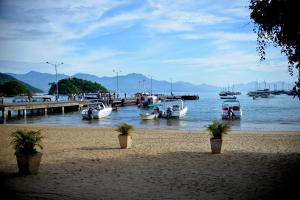 un grupo de barcos atracados en un muelle en el agua en Pousada e Restaurante O Pescador, en Abraão