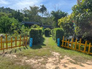 a wooden fence with a yard with bushes and trees at Kohpu garden in Ban Klang +20 photos