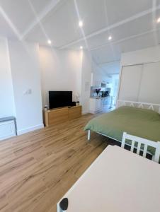 a bedroom with a bed and a flat screen tv at Studio RDC proche aéroport in Saint-Laurent-de-Mure