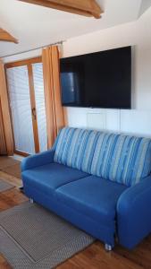 a blue couch in a living room with a flat screen tv at Ferienwohnung Gräßl - Almzeit in Preitenegg
