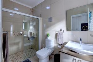 a bathroom with a toilet and a sink and a shower at Albatross @ Kingswood in George +40 photos