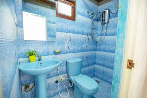 a blue bathroom with a toilet and a sink at Rithu villa in Hikkaduwa +31 photos