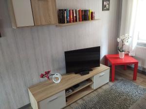 een woonkamer met een flatscreen-tv op een houten entertainmentcentrum bij Ferienhaus Scheper in Bad Frankenhausen