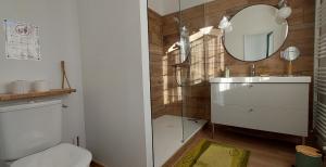 a bathroom with a toilet and a mirror on the wall at T3 indépendant Villa Heas in Argelès-Gazost +11 photos