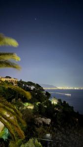 a view of the ocean at night with palm trees at Villa San Vito Amalfi Coast A timeless charm in Vietri sul Mare