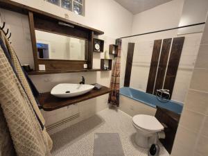 een badkamer met een wastafel en een toilet bij Brummers Ferienwohnung in Wildemann +18 foto's