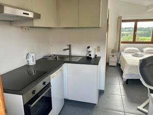a kitchen with a sink and a bed in a room at Studio Ittre in Ittre