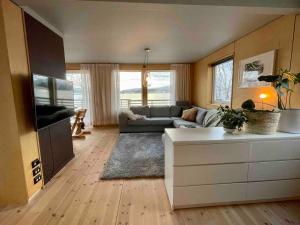 a living room with a couch and a tv at Lofoten Seaside House in Offersøya