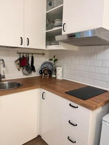 a kitchen with white cabinets and a wooden counter top at Monolocale Corbetta centro - House lab Milan in Corbetta