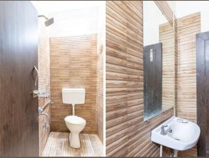 two pictures of a bathroom with a toilet and a sink at Hotel Vanice Blue in Indore