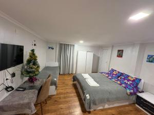 a room with two beds and a christmas tree in it at BANI tsikhisdziri in Ts'ikhisdziri
