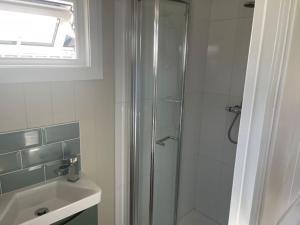 a bathroom with a glass shower and a sink at Whitethorn Shepherds Hut in Bellaghy