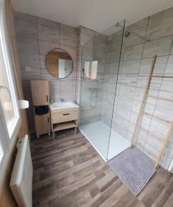 a bathroom with a shower and a toilet and a sink at le familial avec spa, sauna salle de jeux in Xonrupt-Longemer +30 photos