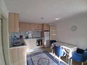 UdënishtVila Ansi Klean的厨房配有木制橱柜和一张带蓝色椅子的桌子。