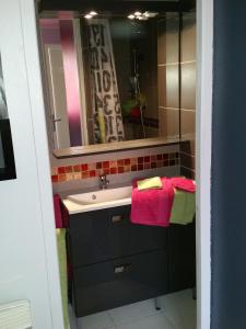 y baño con lavabo, espejo y toallas rosas. en Petit studio au calme, en La Crau