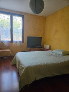 a bedroom with a bed and a flat screen tv at The Private House in Paroy