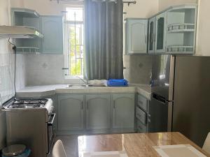 a kitchen with blue cabinets and a sink and a refrigerator at TecTec 2 Appartment 2 at Pereybere in Pereybere