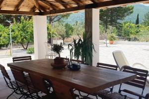 een houten tafel met stoelen en een potplant op een patio bij Villa Zara with heated Hydromassage-Pool in Vrgorac