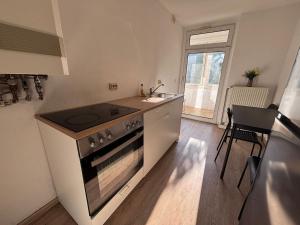 una cucina con piano cottura, lavandino e bancone di Spacious Flat with 3 bedooms for 5-8 guests a Zeitz