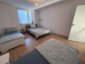 una camera da letto con due letti e una finestra di Spacious Flat with 3 bedooms for 5-8 guests a Zeitz