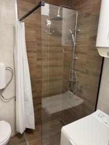a shower with a glass door in a bathroom at Apartman VALE in Županja +34 photos
