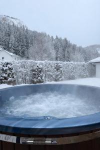 una vasca idromassaggio con neve in cortile di Lacu Roșu Mountain Lodge a Lacu Rosu