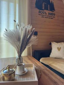 a table with a cup of coffee and a vase with feathers at Cottage Soul Rest in Visoko +9 photos