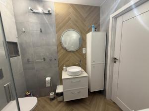 a bathroom with a sink and a mirror at Apartament Przy Palmiarni in Wałbrzych +23 photos