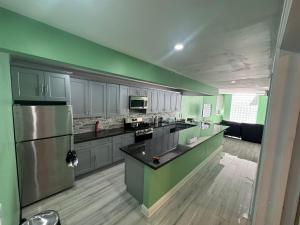 a large kitchen with green walls and stainless steel appliances at Toraille Waterfall Poolside Apartment in Soufrière