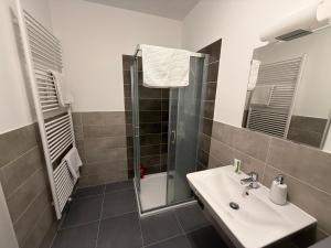 a bathroom with a sink and a shower at Oáza Living Mohelnice in Mohelnice