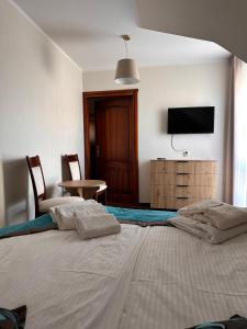 una camera da letto con un letto grande e una televisione di Twardowski Łeba a Łeba